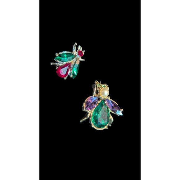 Vintage Bug-Inspired Rhinestone Brooch Set  Silver-Tone Purple Green Jewel Accen - Picture 6 of 10